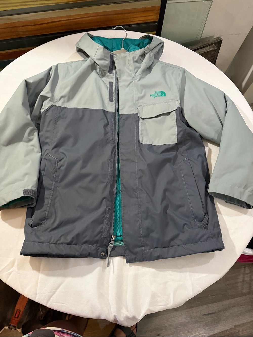 The North Face Kids' Two-Tone Gray Jacket with Teal Lining